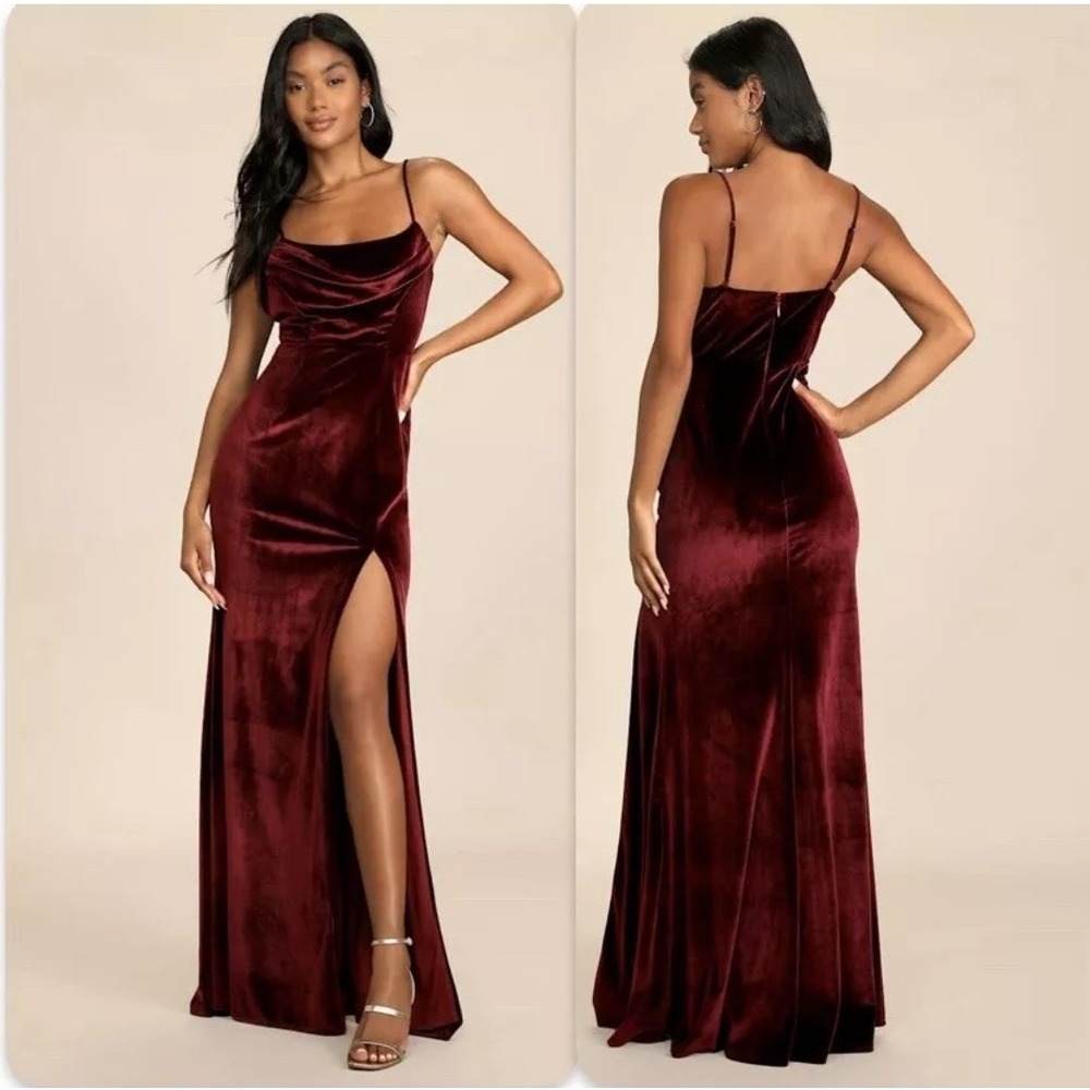 Lulus Dress M Everything I Do Wine Velvet Cowl Neck Mermaid MaxiBridemaid NEW